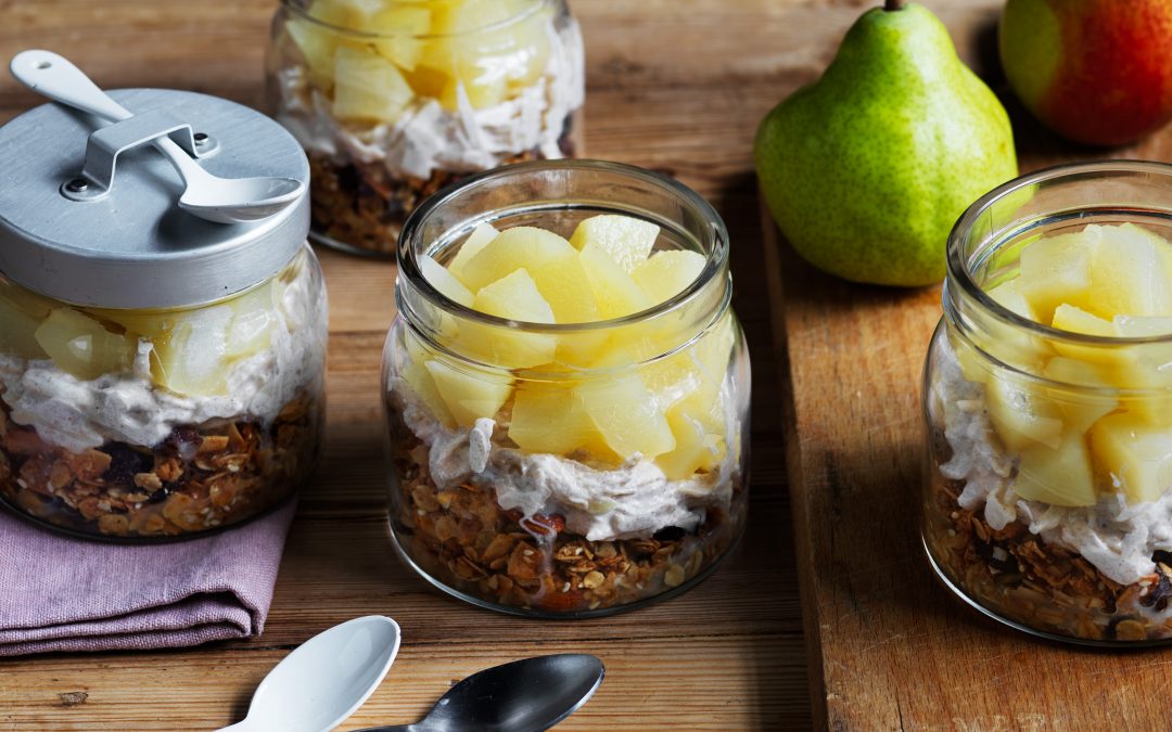 Spiced pear yoghurt and granola breakfast jars