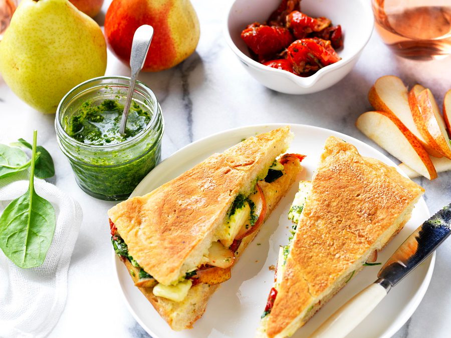 Pesto, semi dried tomato, pear & bocconcini toasties