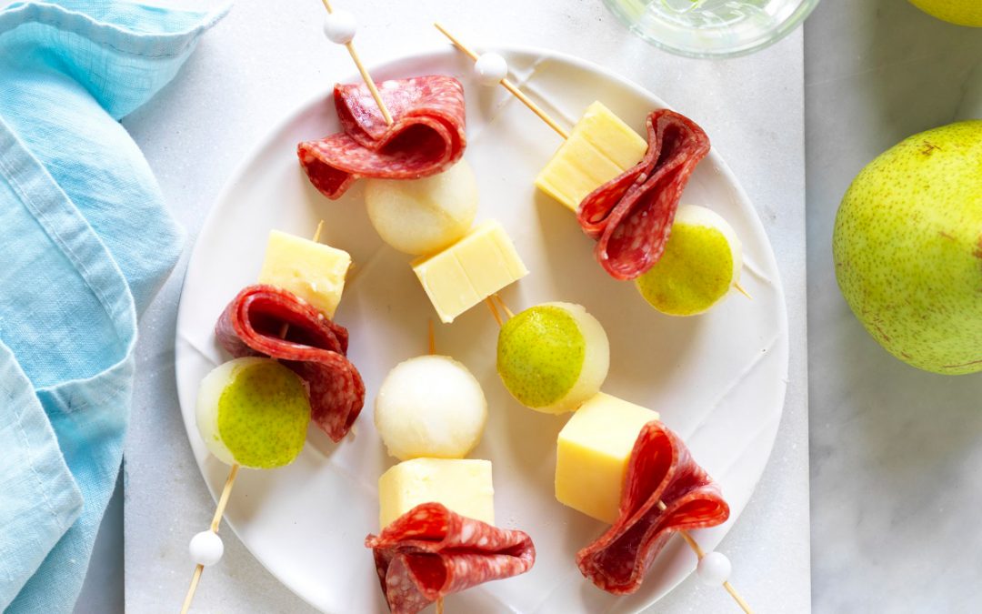 Pear, salami and cheese skewers