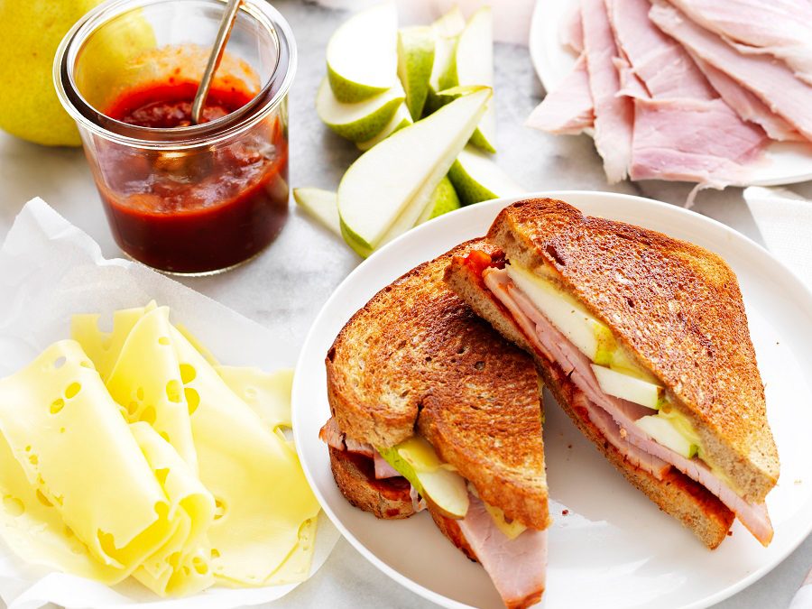Chutney, leg ham, pear and Swiss cheese toasties