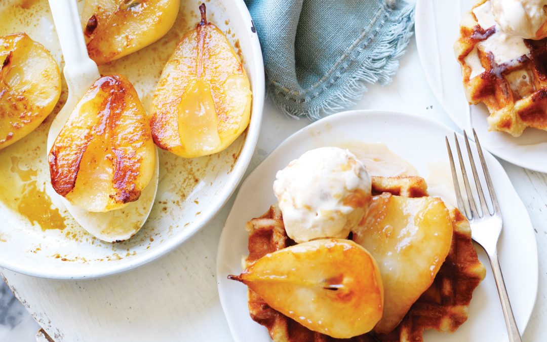 Waffles with caramel ice cream and pears