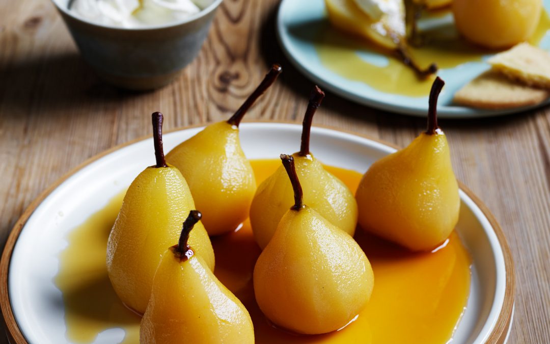 Vanilla, orange and maple poached pears