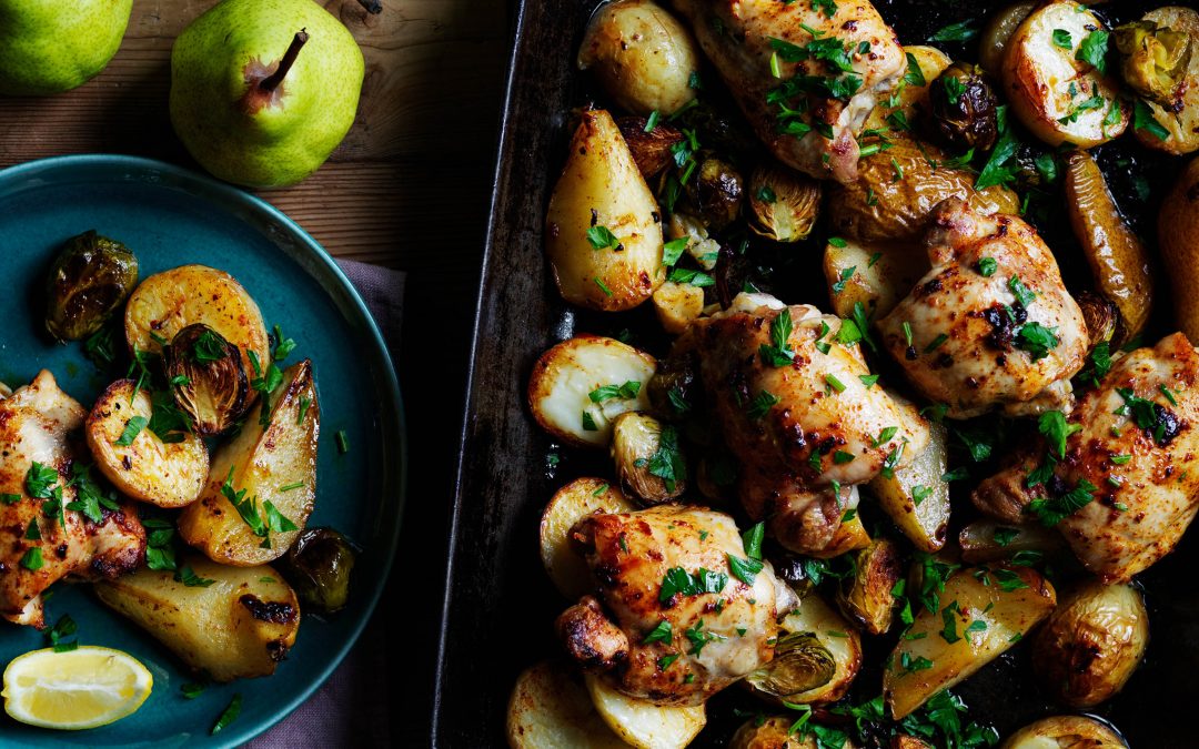 Portuguese chicken, pear and potato tray bake