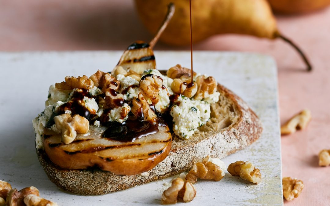 Grilled Beurré Bosc pear toast with marinated Feta
