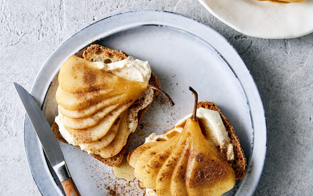 Poached pears on ricotta toast