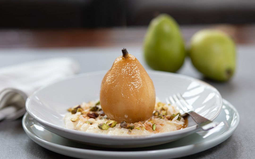 Creamed Coconut Rice with Jasmine Tea Poached Pears