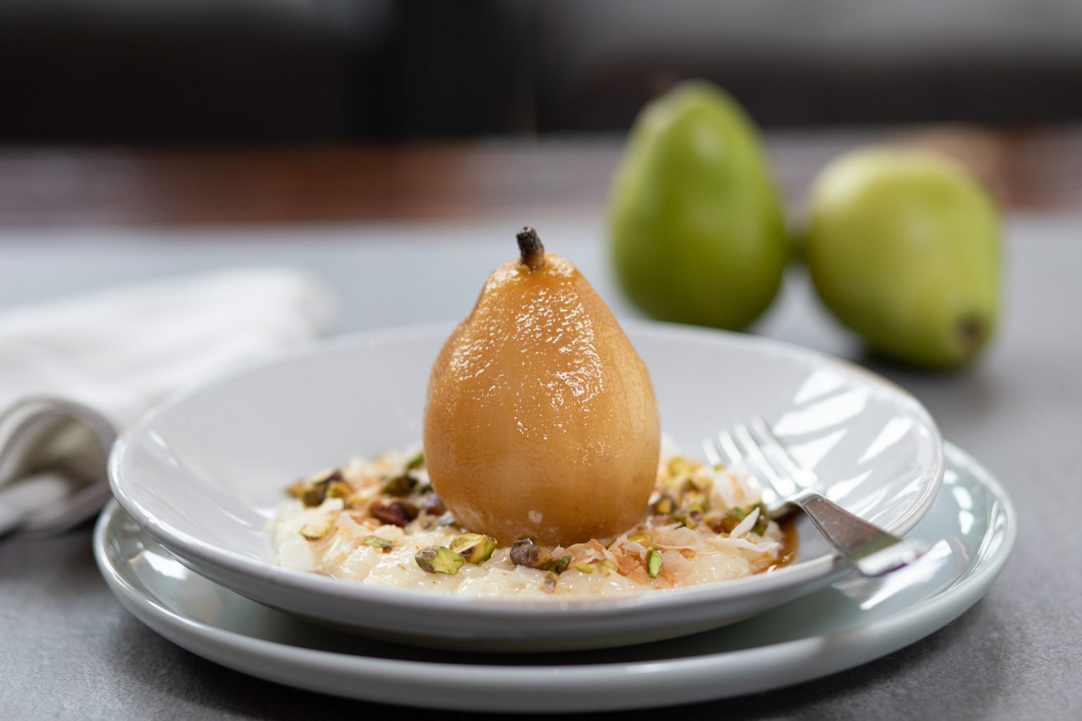 Creamed Coconut Rice with Jasmine Tea Poached Pears | Australian Pears