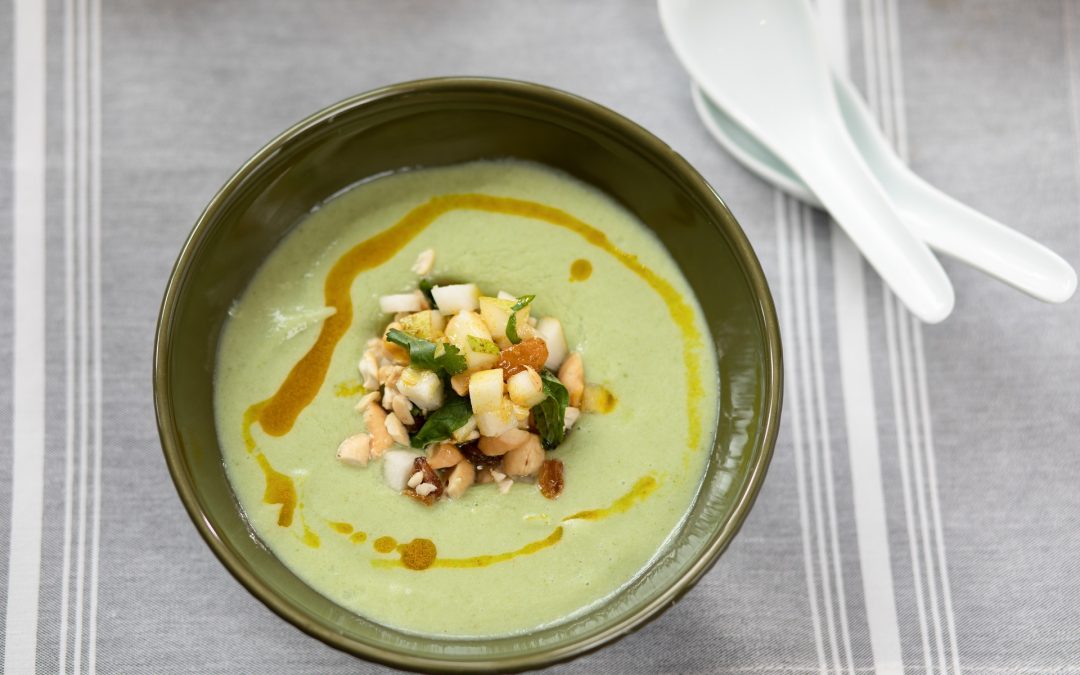 Pear and Cucumber Soup with Curried Cashew Pear Salsa