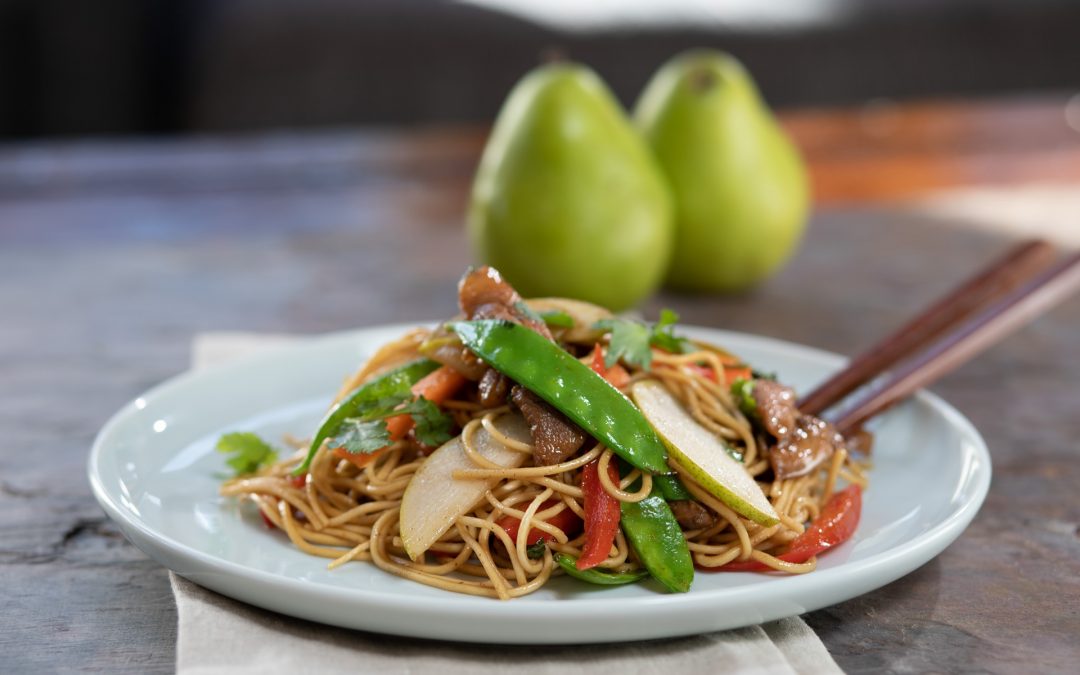 Stir Fried 5 spice Chicken with Pears and Noodles